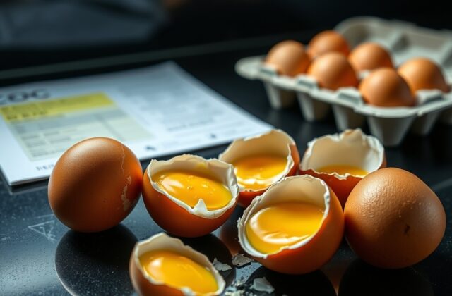 A close-up of cracked eggs in a carton with a caution tape overlay, highlighting contamination risks and food safety concerns