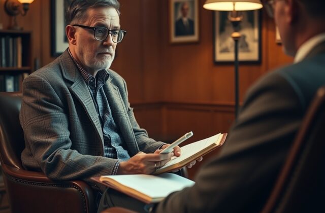 A compassionate psychiatrist in a modern office, listening intently to a patient while reviewing notes. Soft natural lighting