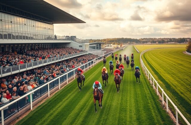A vibrant scene at York Racecourse on race day: horses sprinting on the Knavesmire track with jockeys in silks, a diverse cro
