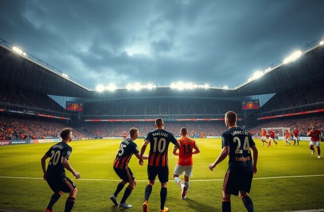 A wide-angle shot of Hull City's MKM Stadium packed with fans, with Manchester United players in red kit visible on the pitch