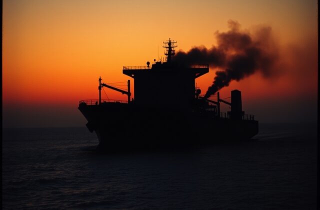 Aerial view of multiple oil tankers anchored in the Persian Gulf near a bustling port, with dhows and modern cargo ships visi