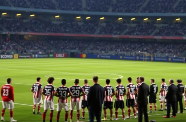 A vibrant stadium scene at Estadio Akron with Chivas in red-and-white and Tijuana in black-and-red jerseys, fans waving flags