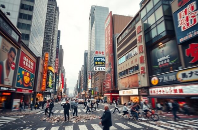 A panoramic view of Tokyo’s skyline at dusk, with subtle motion blur indicating a minor tremor. The image shows Shibuya Cross