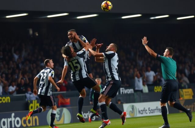 A vibrant football stadium atmosphere at The Hawthorns during a West Brom vs Burnley match, with players in mid-action, fans