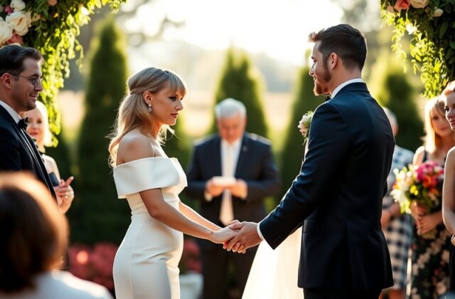 A romantic outdoor wedding ceremony at dusk in a Malibu vineyard, featuring Taylor Swift in an elegant white gown and Travis