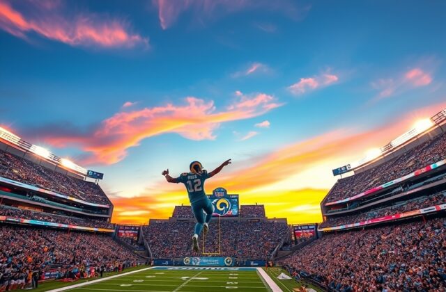 A high-energy shot of Arrowhead Stadium at dusk, with the Chiefs offense in purple jerseys under bright stadium lights, and t
