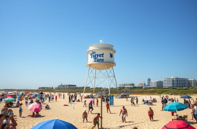 A vibrant aerial shot of a sunny Labor Day weekend beach scene with families grilling, kids playing in the sand, and colorful
