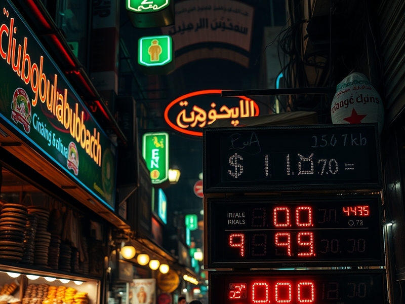A bustling Tehran street market with vendors selling goods under makeshift awnings, currency exchange signs displaying fluctu