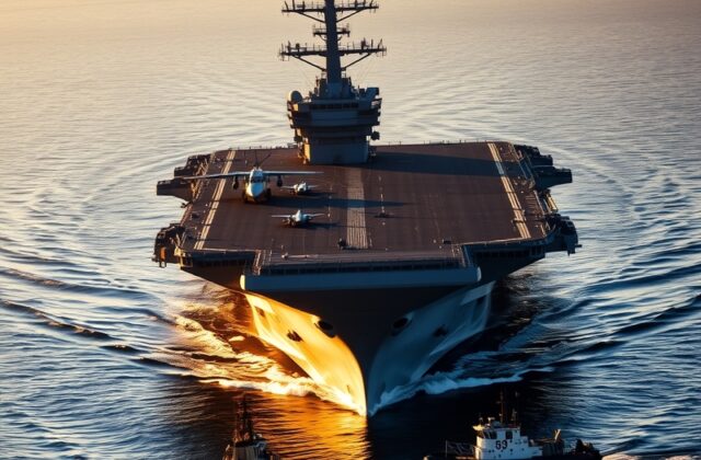 A dramatic shot of the USS Abraham Lincoln (CVN-72) underway in the Pacific Ocean, with F/A-18 Super Hornets launching from i