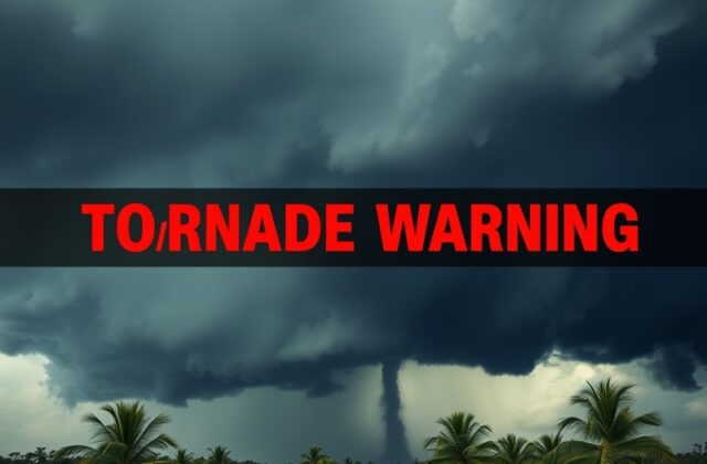 A dramatic radar image showing a rotating thunderstorm over St. Lucie County at dusk, with lightning illuminating dark clouds