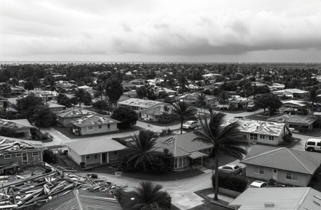 Aerial view of destroyed homes in Homestead, Florida, showing flattened neighborhoods and debris scattered across the landsca