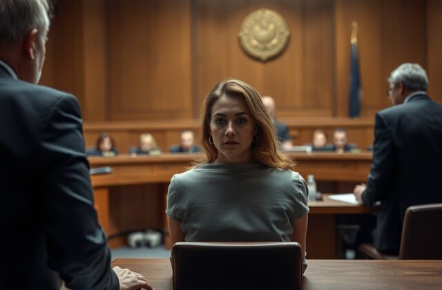 An emotional courtroom sketch showing Lindsay Clancy during her trial, surrounded by her defense team, with a somber mood ref