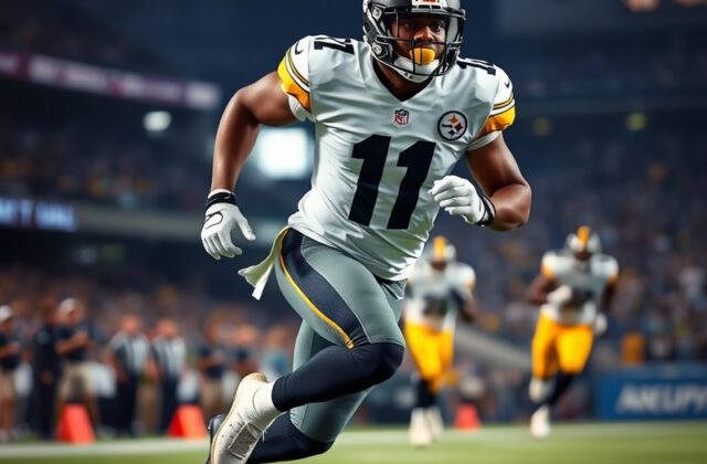 Allen Robinson in mid-stride during a game, wearing a Chicago Bears jersey, with a blurred stadium background. He is focused,