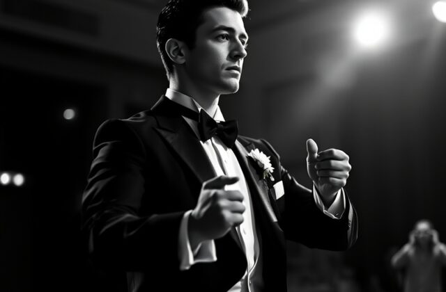 A dynamic photo of Giovanni Pernice mid-performance on a ballroom dance floor, wearing a modern Latin costume with vibrant co