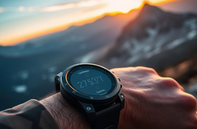 Garmin fēnix 9 on a runner’s wrist during a sunrise trail run in the Swiss Alps, showing the bright AMOLED display, solar-cov