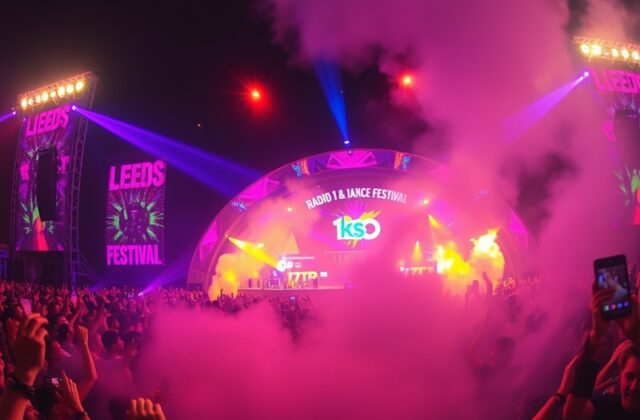 A vibrant aerial shot of Leeds Festival at Bramham Park, with multiple stages, crowds of festival-goers in colorful attire, t