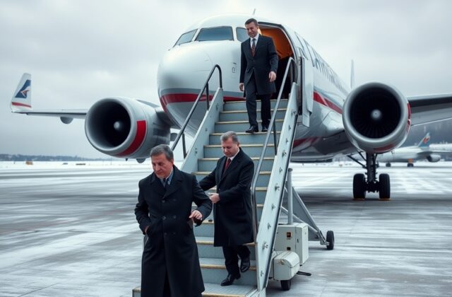 A formal portrait of John Ratcliffe in a suit, juxtaposed against a blurred Moscow skyline with the Kremlin in the background