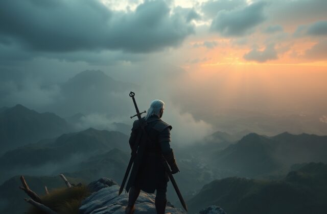 A cinematic shot of Geralt of Rivia standing on a misty Skellige cliff at dusk, overlooking a fjord with the Northern Realms