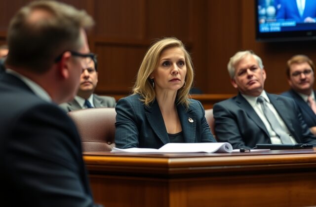 A somber courtroom scene with a judge's bench, prosecution and defense tables, and a sparse audience, evoking the gravity of