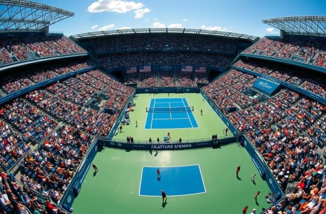 A wide-angle shot of Arthur Ashe Stadium during a night session at the US Open, showing a packed crowd, illuminated blue cour