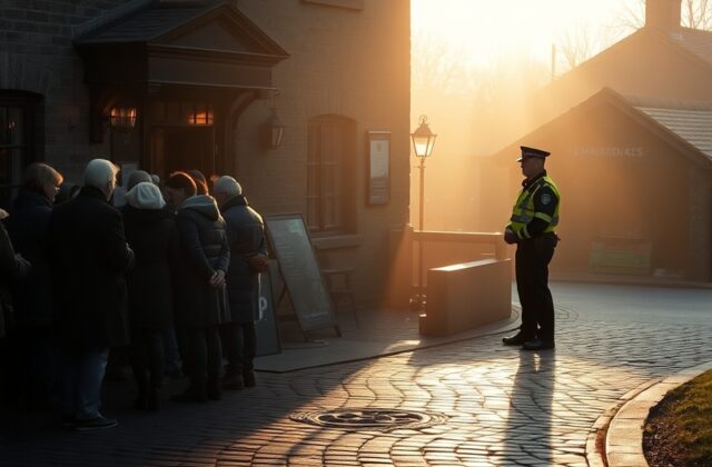 A somber funeral scene in Emmerdale’s village square, with cast members in black attire standing around a coffin. The grey Yo