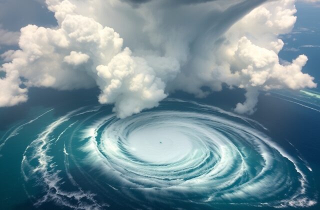 A satellite image of Hurricane Dolly churning in the Atlantic, with swirling clouds and a visible eye, set against a backdrop