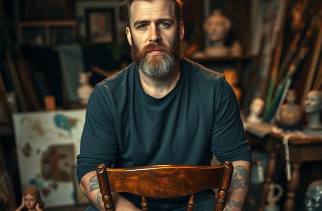 A vibrant studio session with Matthew Mayich surrounded by traditional Balkan instruments and modern production equipment, bl