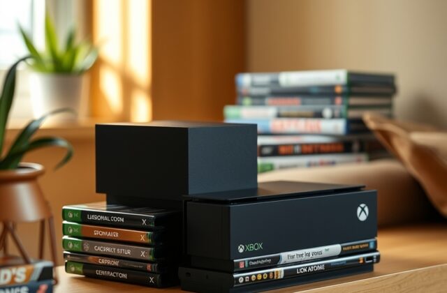 A well-lit gaming setup featuring an Xbox Series X console, a stack of physical game cases (including limited steelbook editi