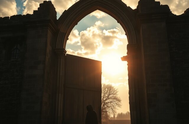 A daytime photograph of the Abbey Gate with its Gothic arches and fortified towers, showing stone carvings and modern visitor