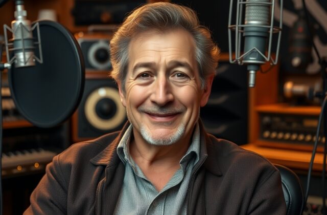 A cinematic portrait of Peter Cullen in his 70s, sitting in a recording studio with a vintage microphone, wearing headphones,