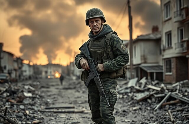 A wide-angle shot of a destroyed Ukrainian city at dusk, with a Ukrainian flag flying over rubble. In the background, a destr
