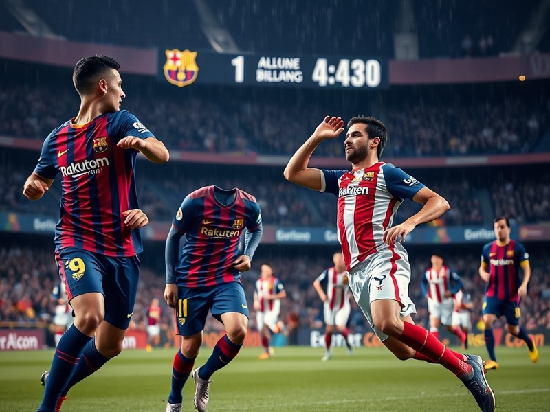 A tense moment at Camp Nou during FC Barcelona vs Athletic Bilbao, showing players in action under stadium lights, with Blaug