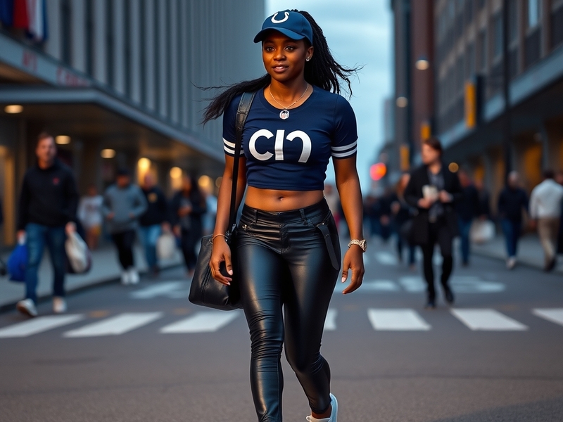Simone Biles wearing a deep emerald green long-sleeve top with gold accents, matching leggings, and white sneakers, standing