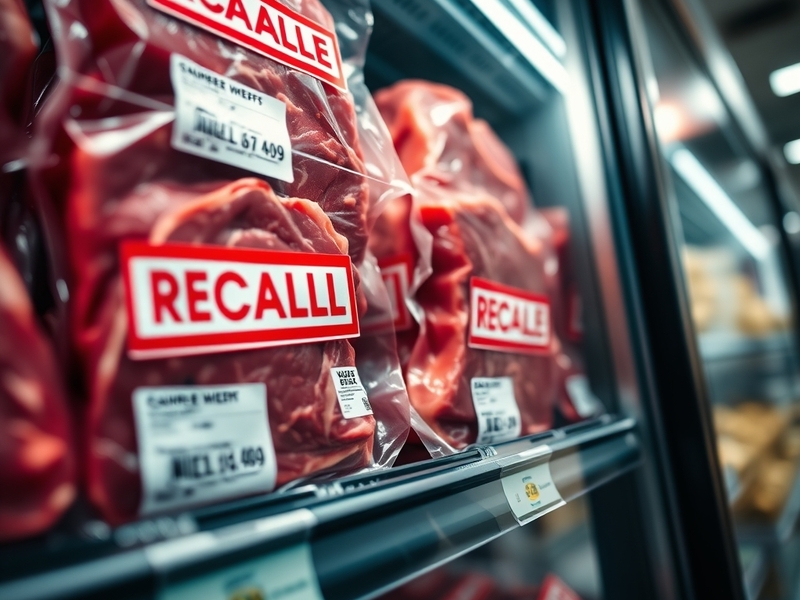A close-up of a grocery store aisle with ground beef packages on shelves, some labeled with recall notices. A concerned shopp