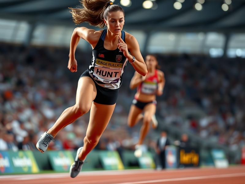 Amy Hunt in mid-race during the Monaco Diamond League 100m final, wearing a Union Jack vest, with blurred green track and sta