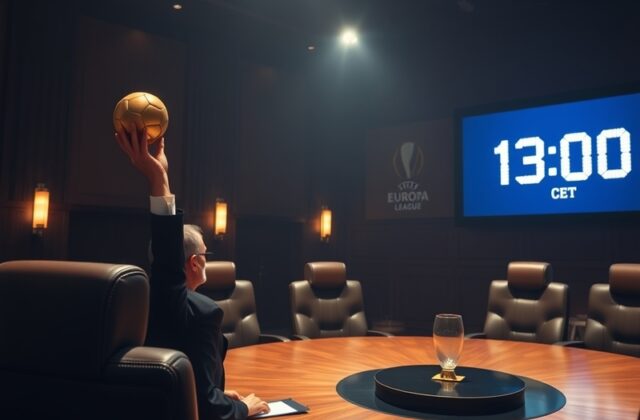 A split-screen image showing a live Europa League draw event in a studio with UEFA officials, a global map highlighting fan r