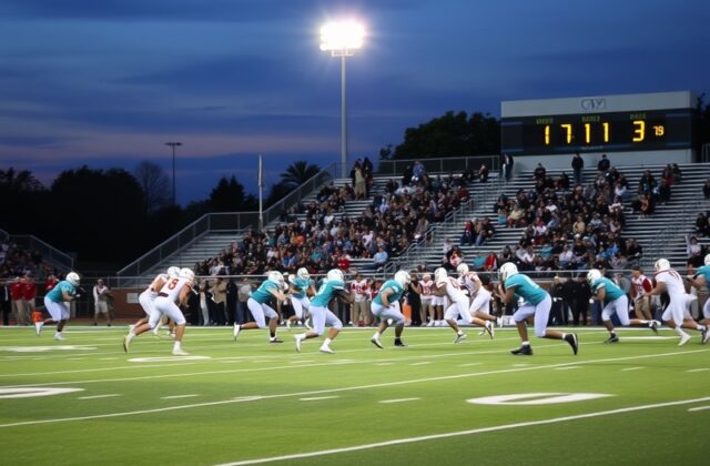 A vibrant Friday night football game under stadium lights in Michigan, with players in maroon and gold jerseys mid-action, a