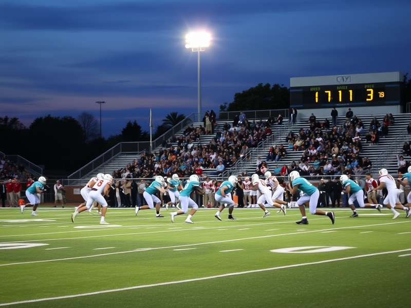 A vibrant Friday night football game under stadium lights in Michigan, with players in maroon and gold jerseys mid-action, a