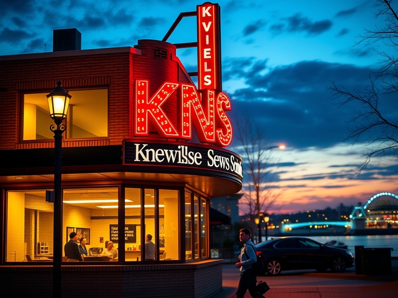 A vibrant aerial view of downtown Knoxville at dusk, highlighting the Knoxville Museum of Art’s expansion, Neyland Stadium’s