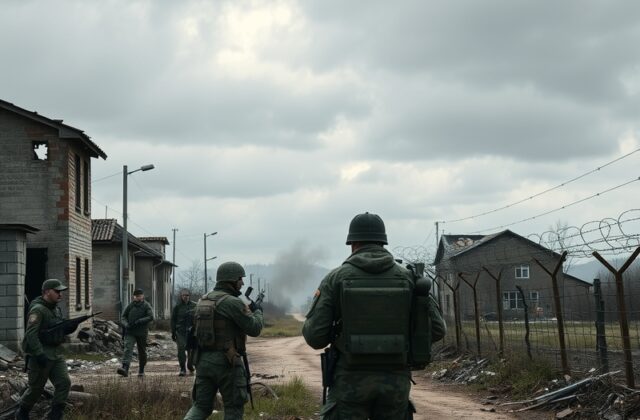 A split-image scene: on the left, a destroyed Ukrainian city with rubble and a Ukrainian flag; on the right, a gas pipeline w