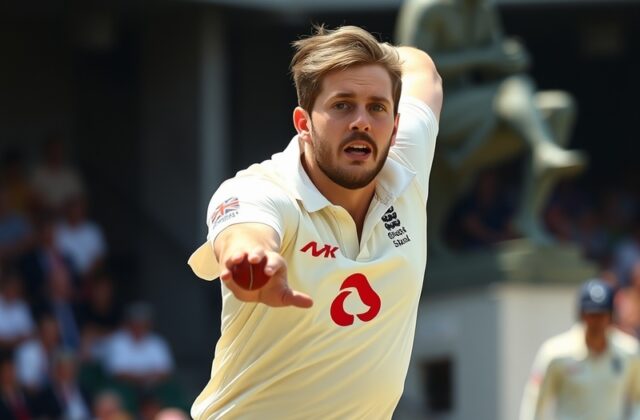 A dynamic action shot of Ollie Robinson bowling for England in a Test match, wearing his white kit, with a blurred background