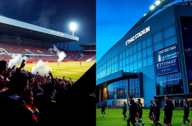 A split-image showing Manchester City's Etihad Stadium interior with a packed crowd on one side, and Crystal Palace's Selhurs