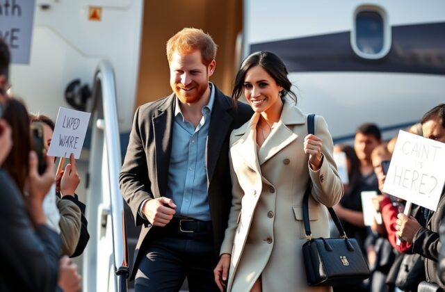 A warm, candid photo of Prince Harry and Meghan Markle walking hand-in-hand through a crowd of smiling supporters in London,
