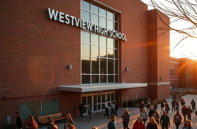 Aerial view of Westview High School’s modern campus, featuring the STEM wing, performing arts center, and football stadium un
