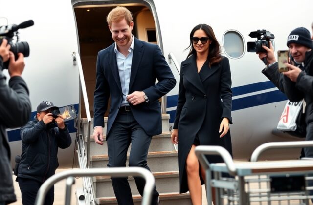 A composed image showing Prince Harry and Meghan, Duchess of Sussex, walking outdoors in London near Kensington Palace, dress