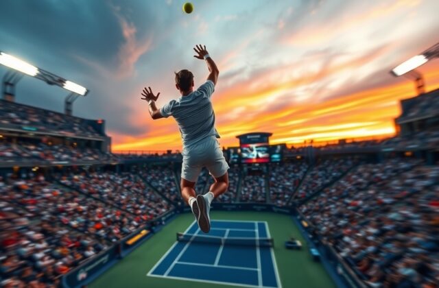 A vibrant aerial shot of Arthur Ashe Stadium during the US Open at night, with a retractable roof closed, illuminated courts,