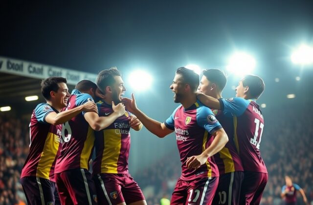 A dynamic shot of Watford's João Pedro scoring an equalizing goal against West Ham at Vicarage Road, with players in mid-cele