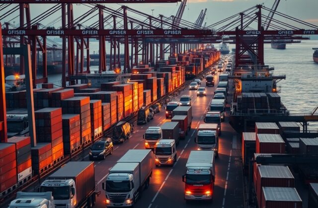 A bustling international port at sunset, with cargo ships, cranes, and containers labeled with global flags, symbolizing worl