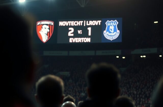 A split-screen image showing AFC Bournemouth's struggling players on one side and Everton's celebrating team on the other, wi