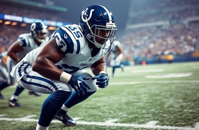 Bobby Okereke in Colts uniform mid-play, sideline view, focused expression, defensive huddle blurred in background, autumn li